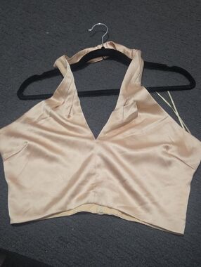 Le Lis Satin Halter Crop Top in Champagne Beige